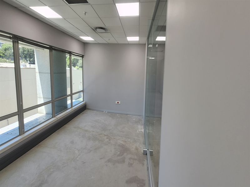 A vacant office space featuring a suspended ceiling, recessed lighting, large windows for natural light, and a modern glass partition wall.