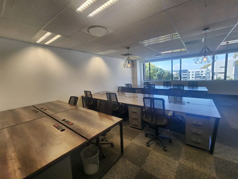 A professional open-plan office space featuring large windows, suspended ceilings with recessed lighting, and carpeted flooring, providing a bright and functional work environment.