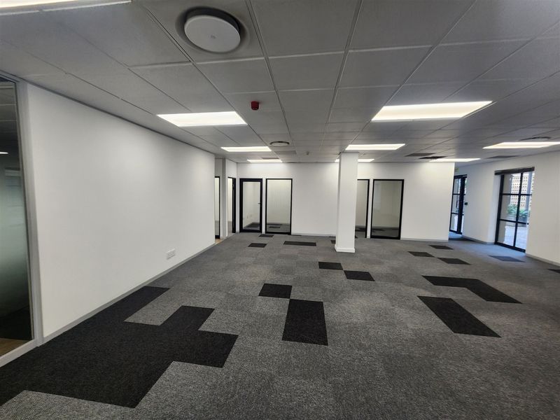A spacious, open-plan office area featuring a suspended ceiling, recessed lighting, and modern patterned carpet tiles with glass-partitioned doorways.