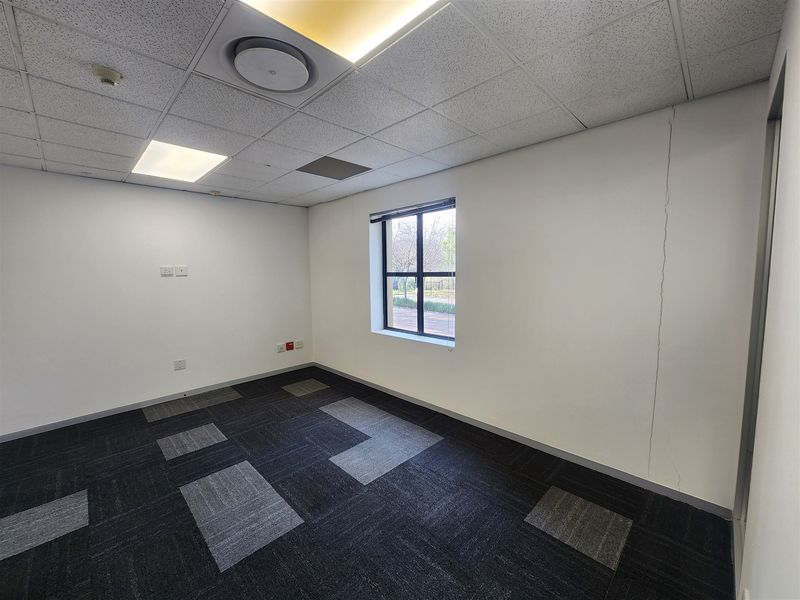 A vacant office space featuring carpet tiles, a suspended ceiling with recessed lighting, and a visible vertical wall crack.