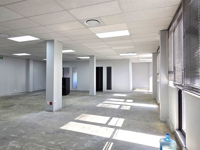 Spacious open-plan office area featuring a suspended ceiling, recessed lighting, structural columns, and large windows with venetian blinds.