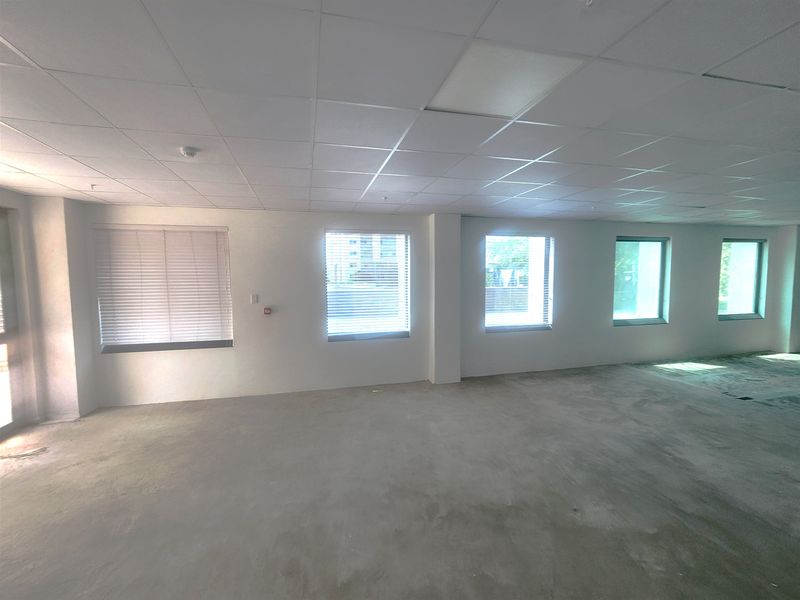 An open-plan office space featuring a suspended ceiling, multiple windows with venetian blinds, and unfinished concrete flooring.