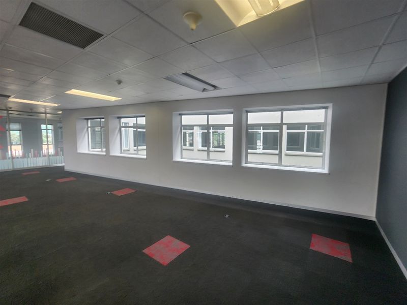 An empty open-plan office space featuring a suspended ceiling, recessed lighting, and large windows providing natural light.