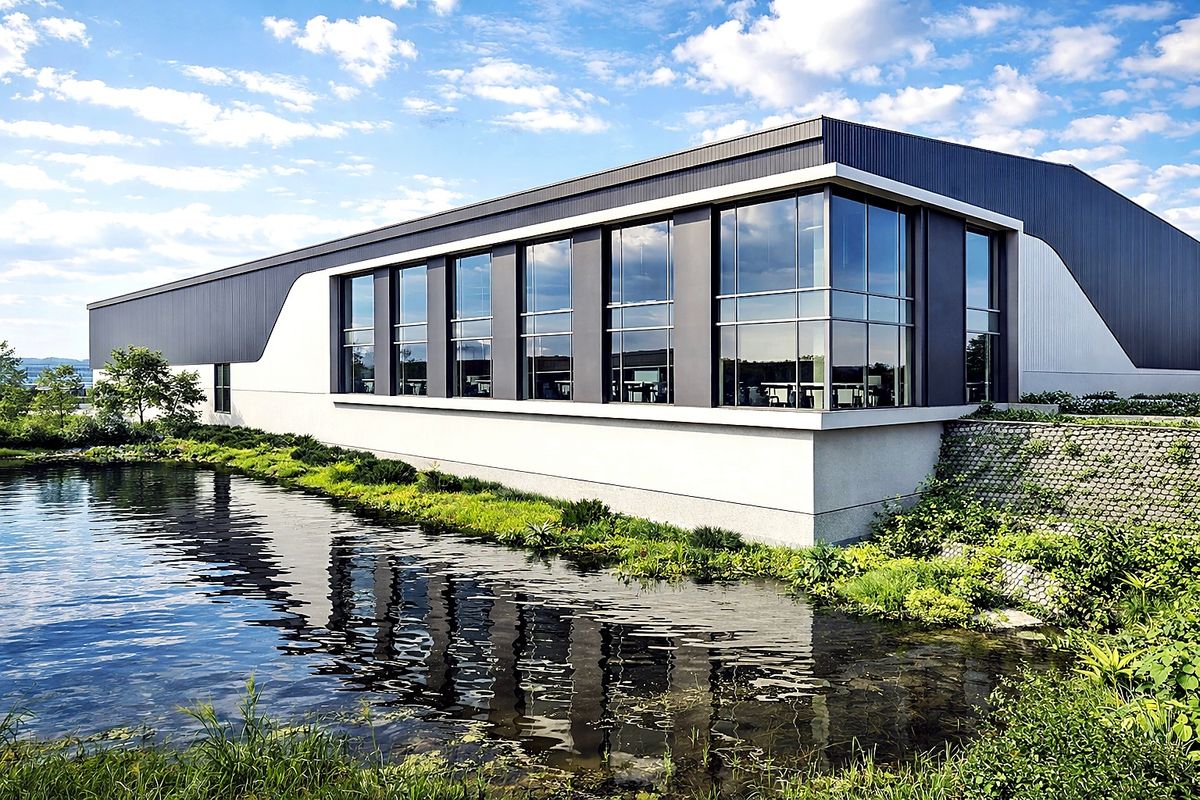 Modern industrial building featuring extensive glass curtain walling, sleek metal cladding, and a landscaped pond area.