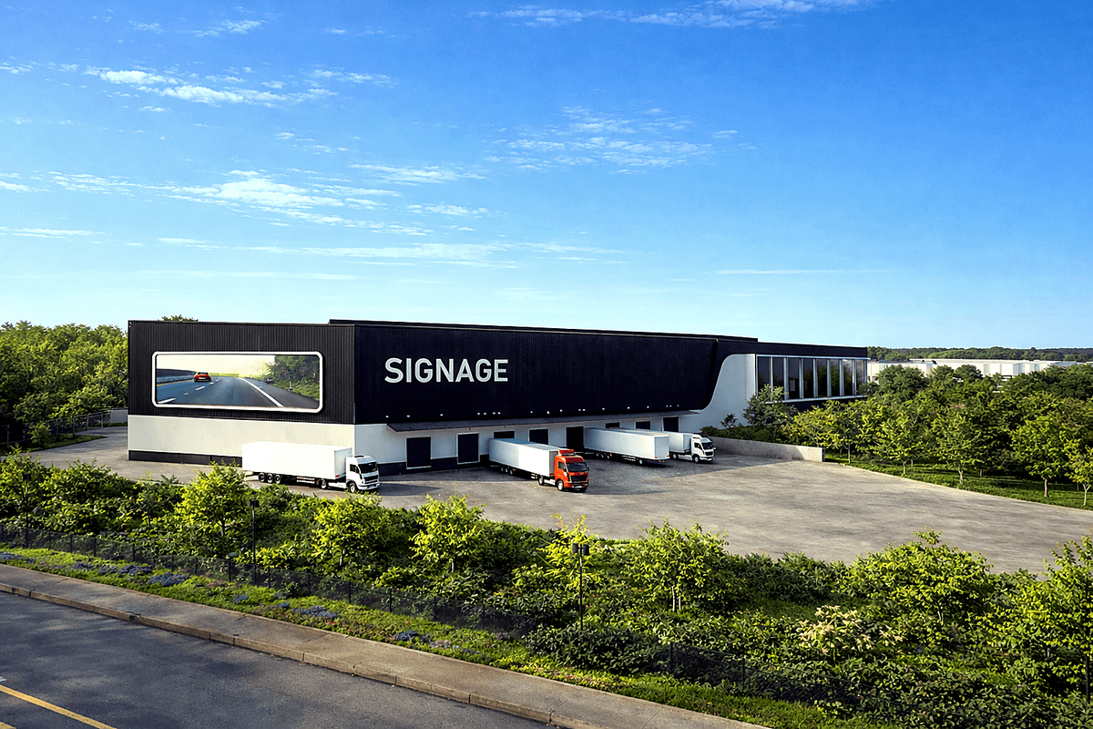 Modern industrial warehouse facility featuring multiple loading docks, expansive asphalt yard, and prominent signage, set within a landscaped commercial environment.