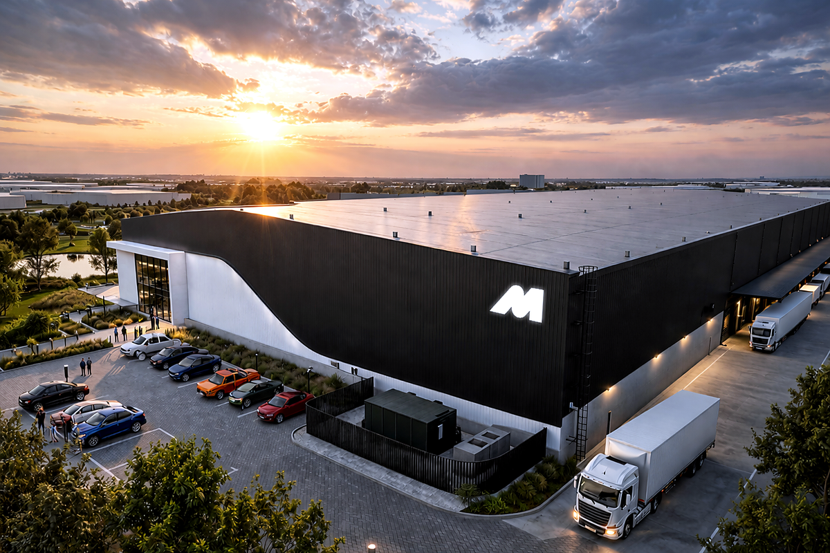 Aerial view of a modern industrial warehouse facility featuring a large loading bay, extensive paved parking, and contemporary metal cladding at sunset.