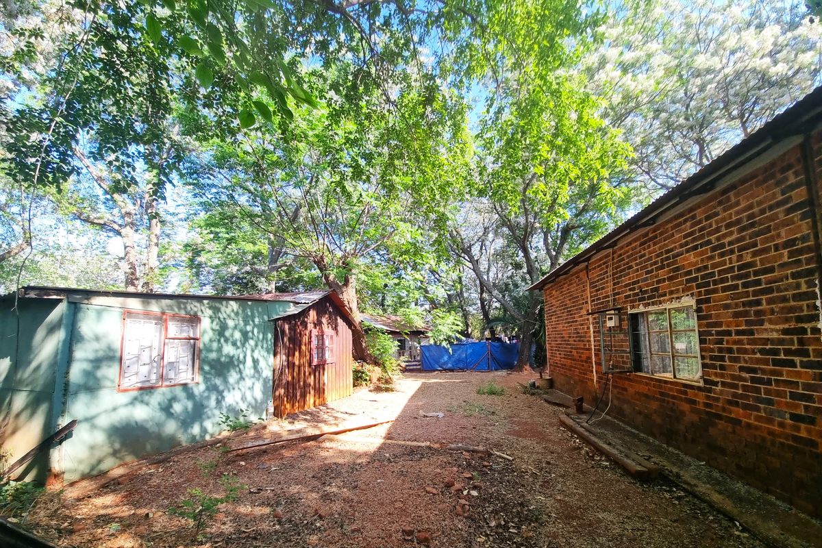 A view of the rear yard area featuring a mix of brick and metal-clad outbuildings surrounded by mature trees.