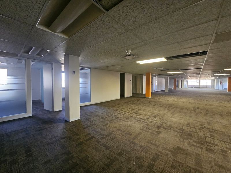 Spacious open-plan office area featuring suspended ceilings, recessed lighting, carpet tiles, and glass-partitioned private offices.