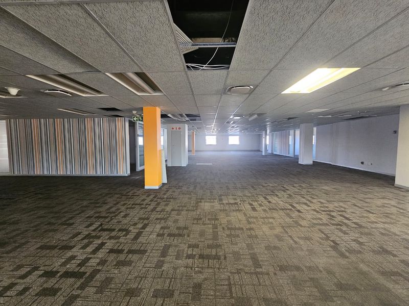 A large, open-plan office space featuring carpeted flooring, structural columns, and a suspended ceiling with some missing tiles and exposed wiring.