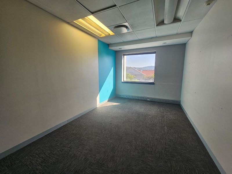 A vacant office space featuring carpet tiles, a suspended ceiling with recessed lighting, and a window providing natural light.