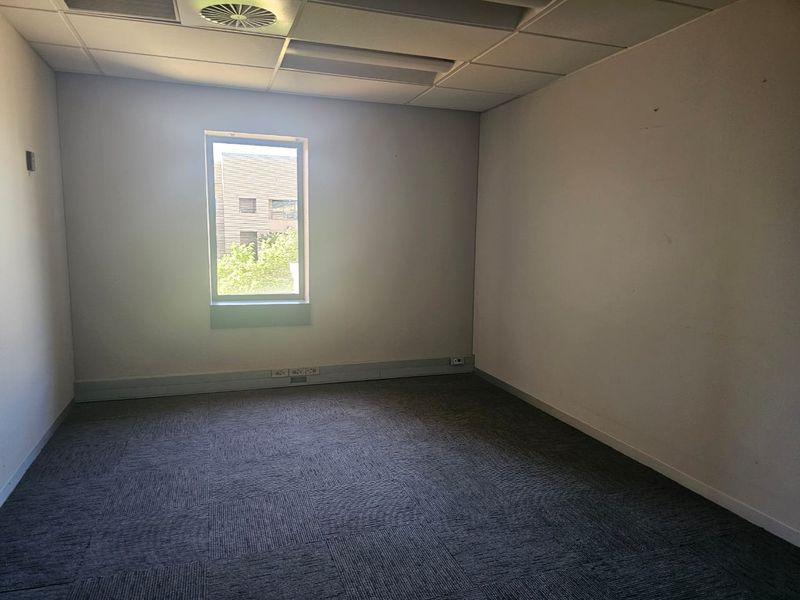 An empty office space featuring carpet tiles, a suspended ceiling with recessed lighting, and perimeter electrical trunking.