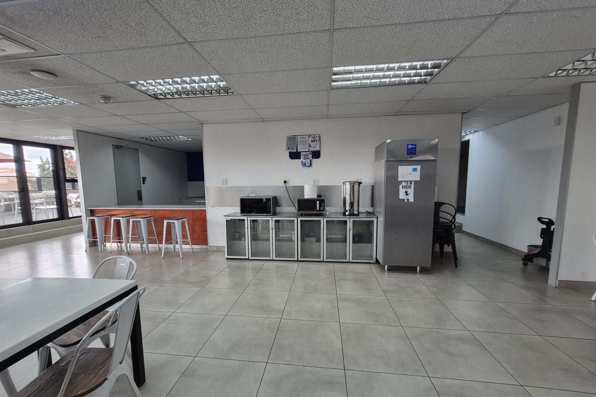 Office kitchen area featuring tiled flooring, drop ceiling, built-in base cabinetry with stainless steel counters, and an integrated breakfast bar.