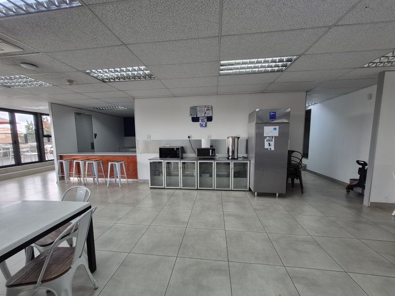 Office kitchen area featuring tiled flooring, drop ceiling, built-in base cabinetry with stainless steel counters, and an integrated breakfast bar.