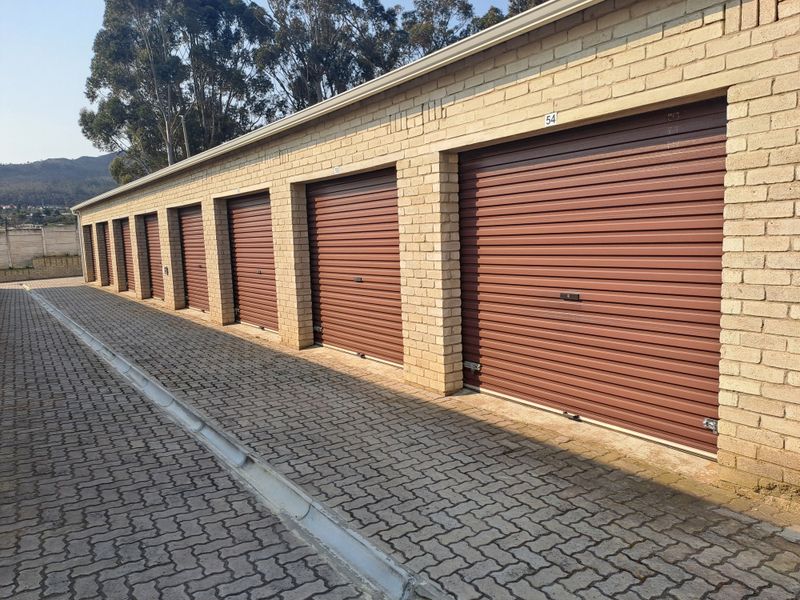 A row of industrial-style storage garages featuring brown roller shutter doors and a paved exterior driveway.