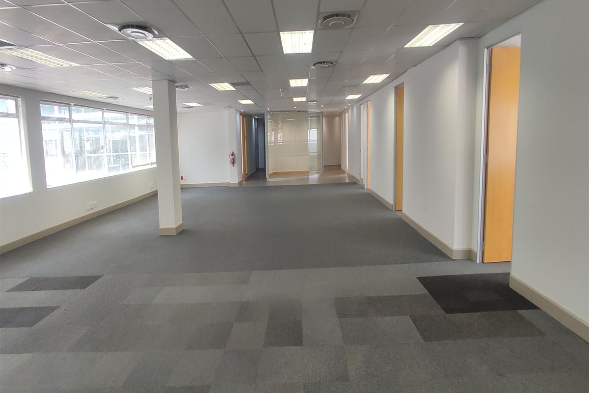 Spacious open-plan office area featuring suspended ceilings, recessed lighting, carpet tiles, and central air conditioning, offering a clean and professional workspace.
