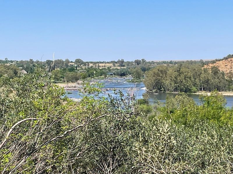 A scenic landscape view overlooking a river and surrounding natural vegetation, showcasing the tranquil outdoor environment of the small holding.