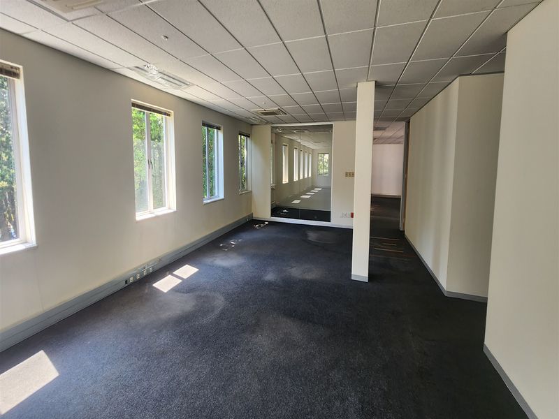 An empty, open-plan office space featuring a suspended ceiling, large windows providing natural light, and a mirrored wall section.