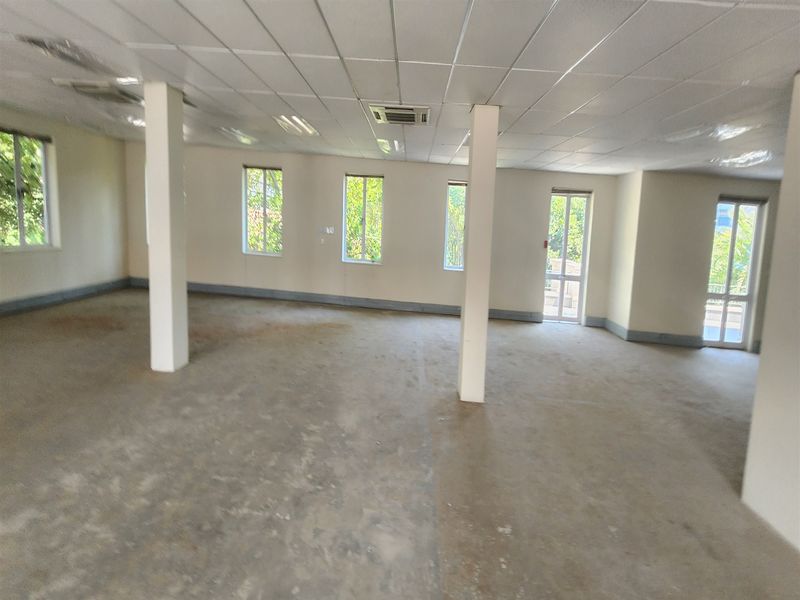 An expansive, open-plan office space featuring a suspended ceiling, recessed lighting, central air conditioning, and multiple windows providing natural light.