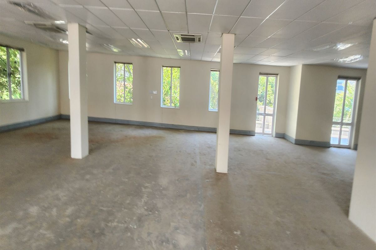 An expansive, open-plan office space featuring a suspended ceiling, recessed lighting, central air conditioning, and multiple windows providing natural light.