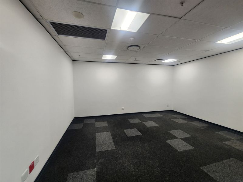 A clean, empty office space featuring a suspended ceiling with recessed lighting and modern carpet tiles, ready for immediate occupancy.