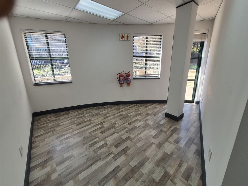 A bright, empty office space featuring modern vinyl flooring, a suspended ceiling with recessed lighting, and dual windows providing natural light.