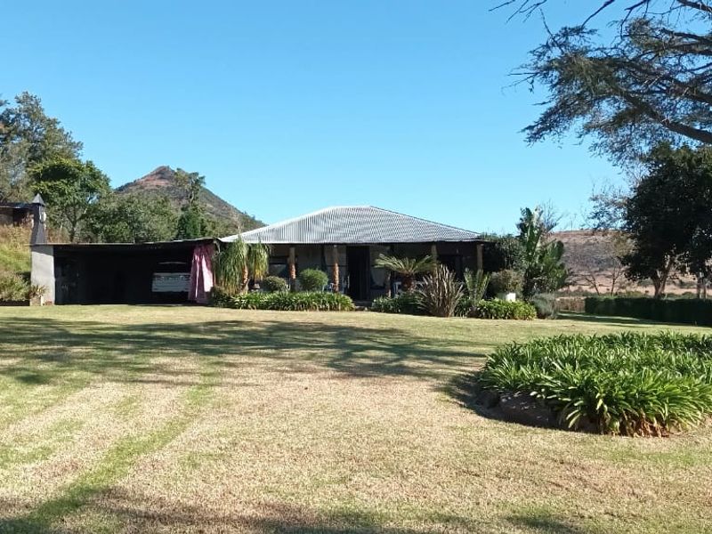 A view of the front facade of a farm-style dwelling featuring a corrugated metal roof and a covered veranda set within a large garden.