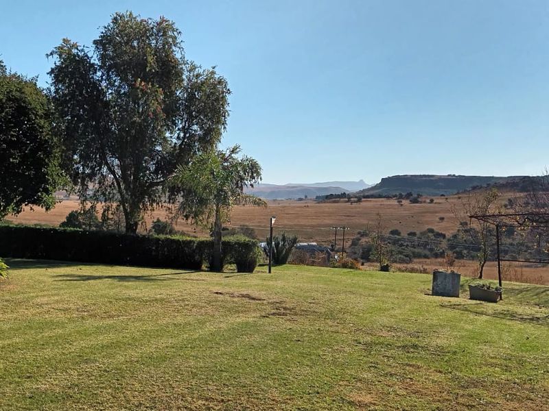 A scenic view of the expansive farm landscape featuring a well-maintained lawn, mature trees, and a garden trellis.