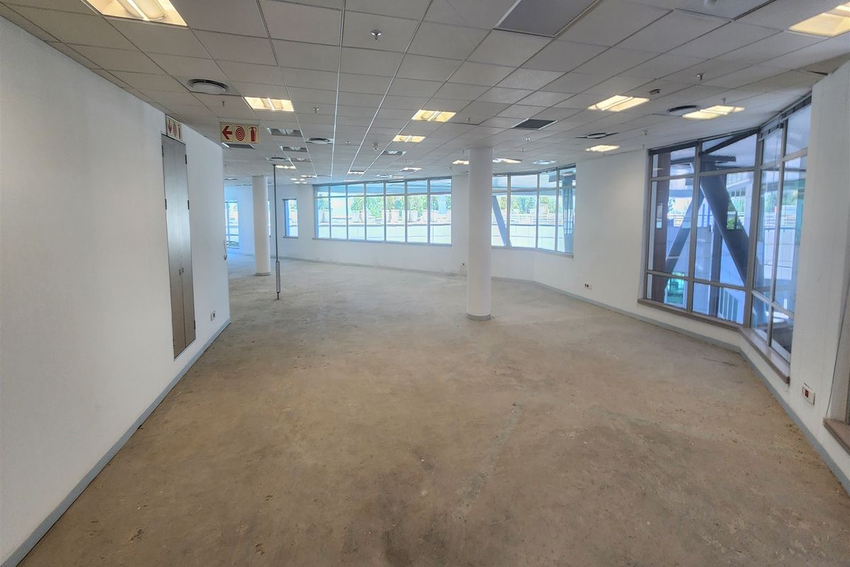 A spacious, vacant open-plan office area featuring large windows, suspended ceilings with recessed lighting, and structural columns, ready for custom flooring and fit-out.