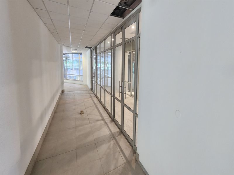A vacant office hallway featuring tiled flooring, a suspended ceiling with a missing panel, and glass partition walls.