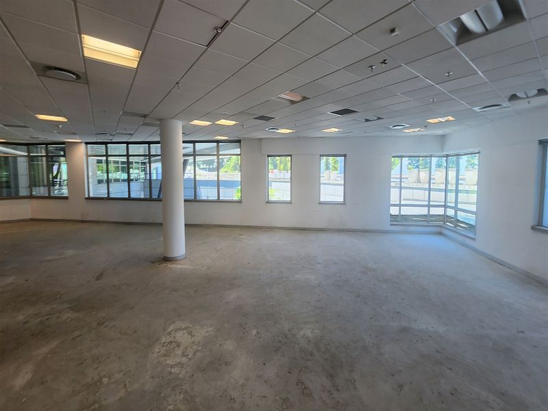Spacious, open-plan office area featuring a suspended ceiling, recessed lighting, and large windows providing ample natural light.