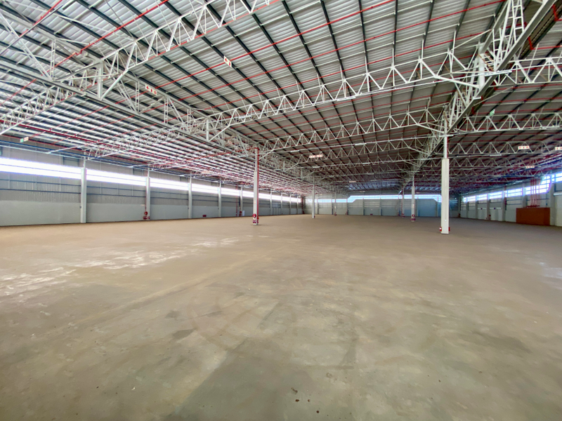 Expansive industrial warehouse space featuring high ceilings with exposed steel trusses, fire sprinkler system, and durable concrete flooring.