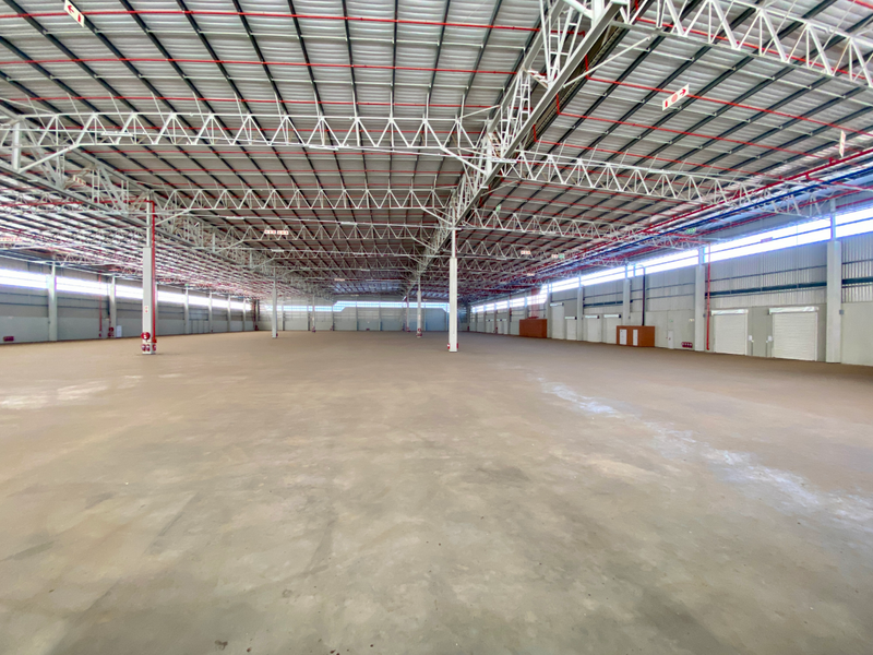 Expansive industrial warehouse space featuring high ceilings with exposed steel trusses, fire sprinkler systems, polished concrete flooring, and multiple roller shutter access doors.