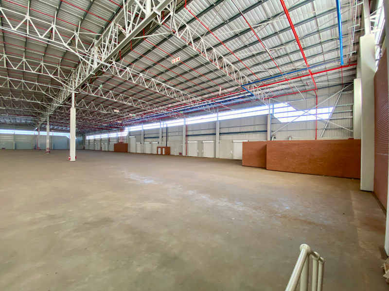 Spacious industrial warehouse featuring high ceilings with exposed steel trusses, concrete flooring, and multiple roller shutter doors for efficient logistics and storage operations.