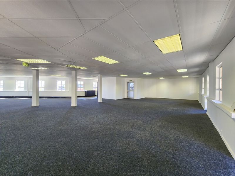 A spacious, open-plan office area featuring a suspended ceiling with recessed lighting, structural columns, and neutral carpeting throughout.