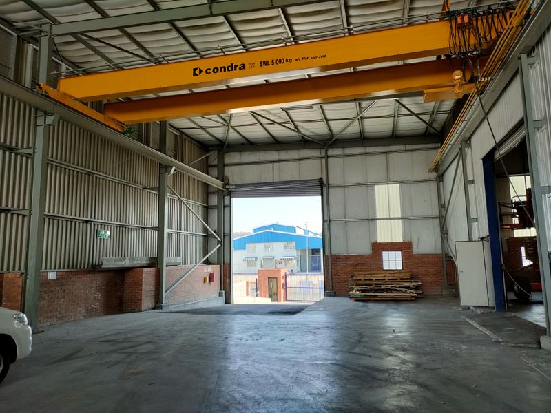Spacious industrial warehouse featuring a high-clearance ceiling, integrated 5-ton overhead bridge crane, and a large roller shutter door for vehicle access.