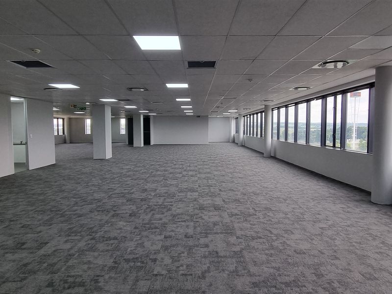 A spacious, open-plan office area featuring carpet tiles, suspended ceilings with recessed lighting, and expansive windows providing ample natural light.