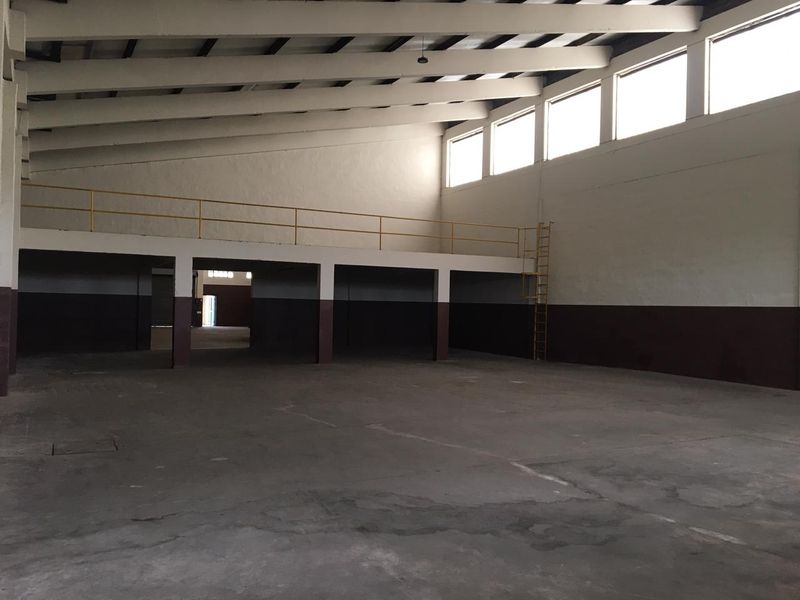 Spacious industrial warehouse unit featuring a mezzanine level, high-level clerestory windows, concrete flooring, and a fixed access ladder.