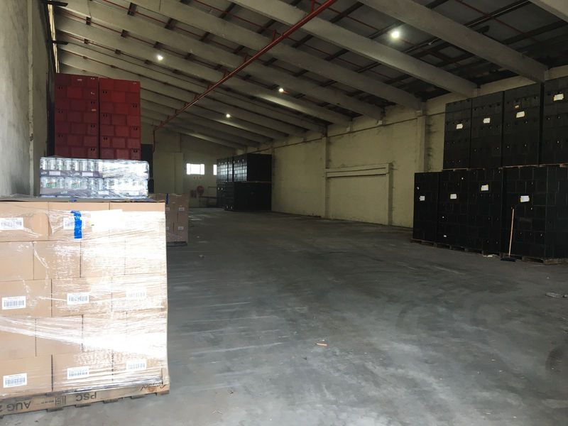 Spacious industrial warehouse unit featuring high ceilings with exposed steel trusses, concrete flooring, and an integrated fire sprinkler system.