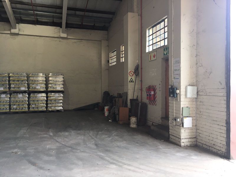 Spacious industrial utility area featuring exposed steel roof trusses, concrete flooring, and functional wall-mounted fire safety and electrical infrastructure.
