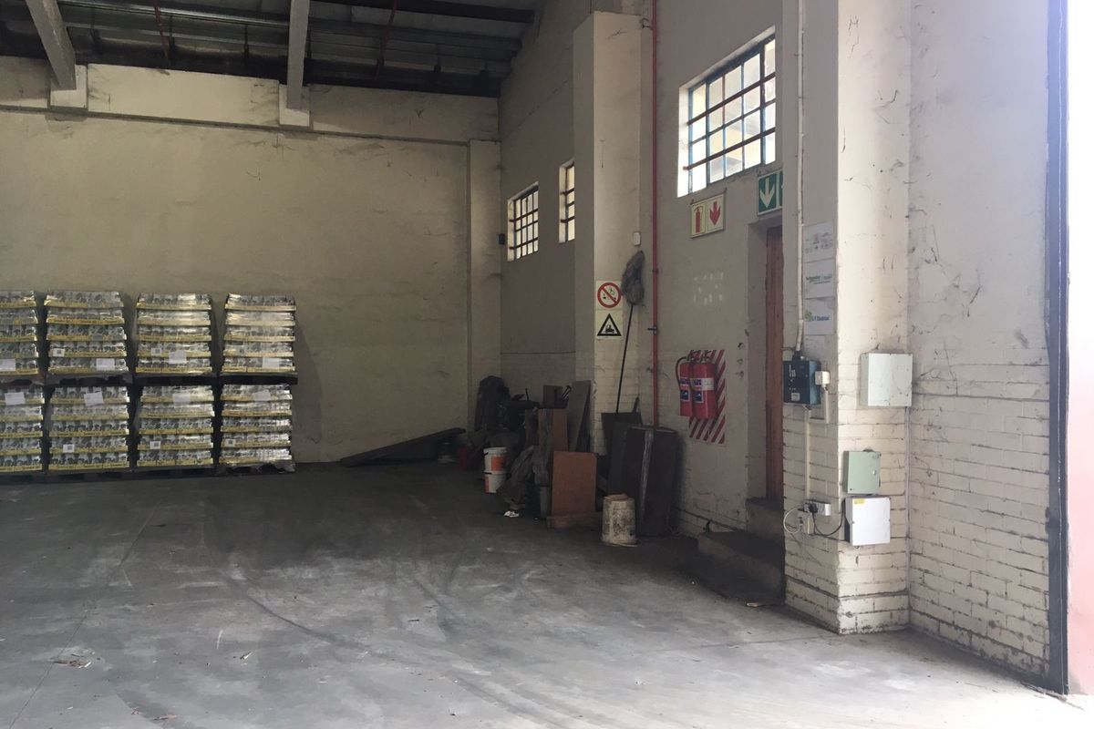 Spacious industrial utility area featuring exposed steel roof trusses, concrete flooring, and functional wall-mounted fire safety and electrical infrastructure.