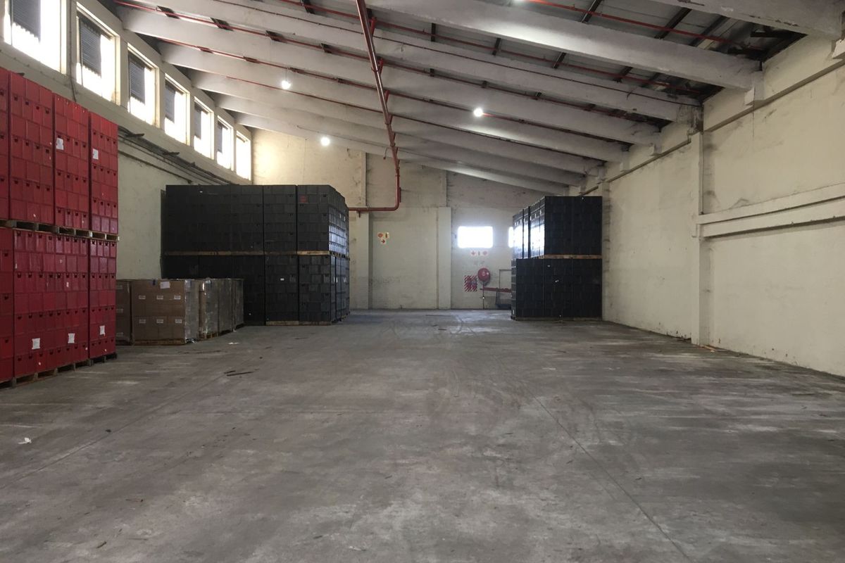 Spacious industrial warehouse featuring high ceilings with exposed trusses, concrete flooring, fire sprinkler system, and natural light from high-level windows.