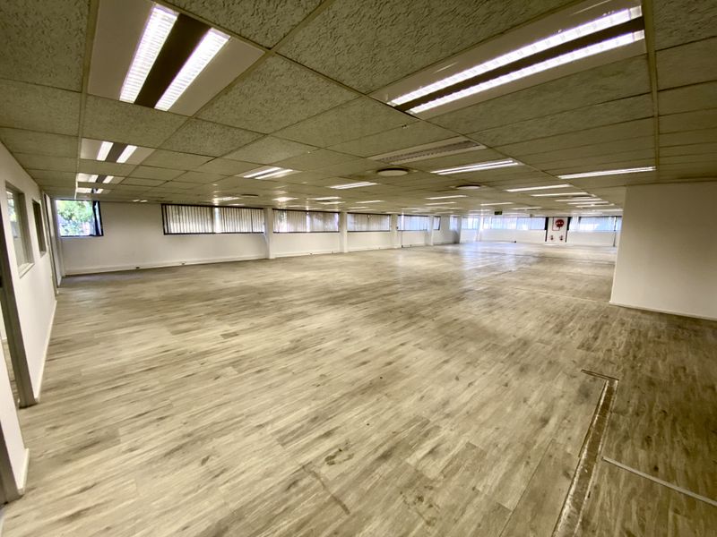 A spacious, open-plan office area featuring laminate flooring, suspended ceilings with recessed lighting, and large windows with horizontal blinds.