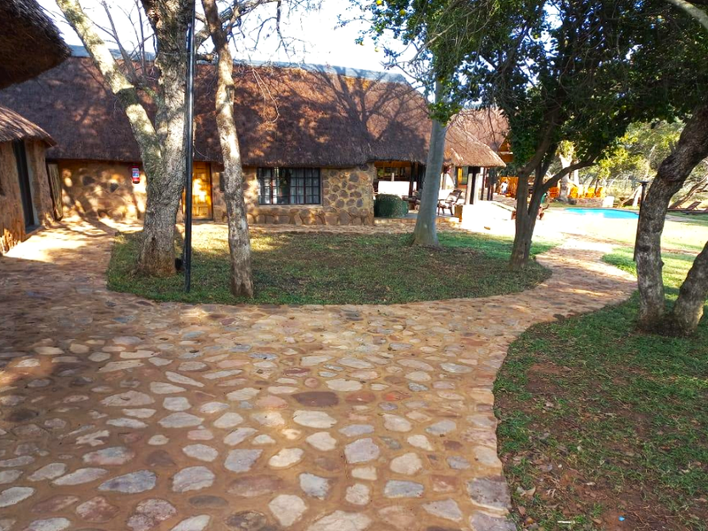 Rear view of a rustic farm-style dwelling featuring traditional thatched roofing, stone exterior walls, and a stone-paved courtyard leading to a swimming pool area.