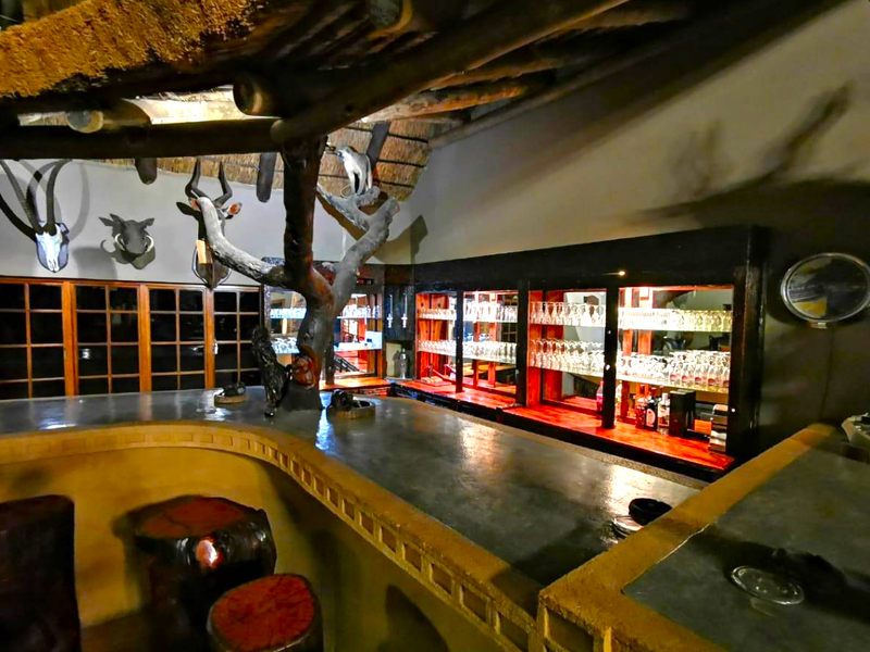 A rustic-style bar area featuring a built-in counter, thatched ceiling, and integrated illuminated shelving for glassware.