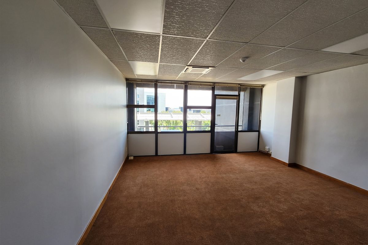 A vacant office space featuring large windows, suspended ceiling tiles, and carpeted flooring, offering a bright and functional workspace.