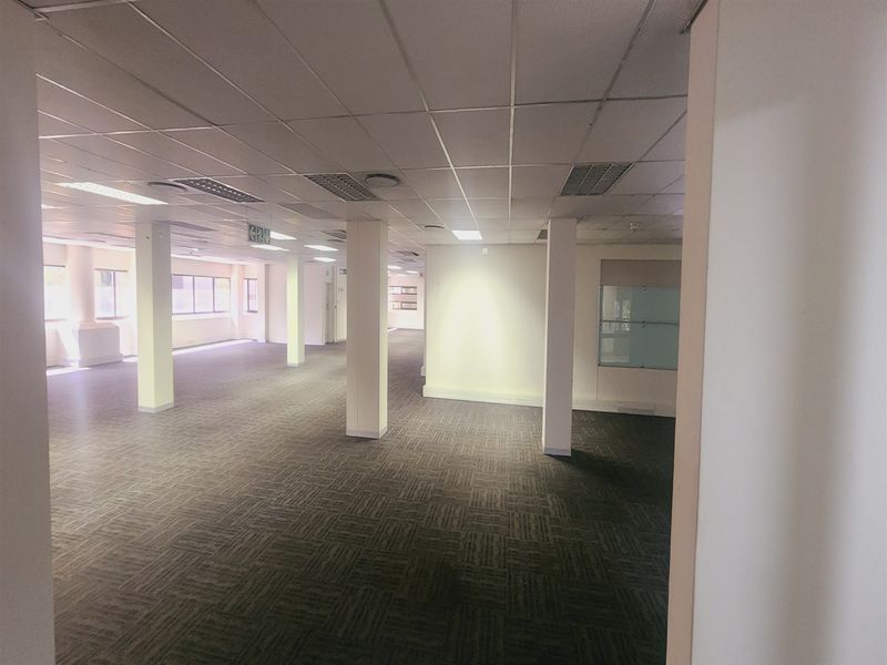 Spacious open-plan office area featuring neutral carpet tiles, structural columns, and a suspended ceiling with recessed lighting, offering a versatile workspace.