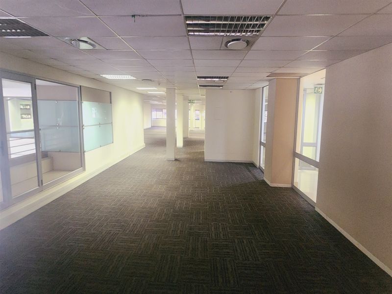Spacious open-plan office area featuring suspended ceilings, recessed lighting, carpet tiles, and glass partitioning, offering a versatile workspace layout.
