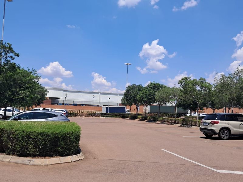 A view of the paved parking area and landscaped garden beds at the retail property, featuring mature trees and clear access.