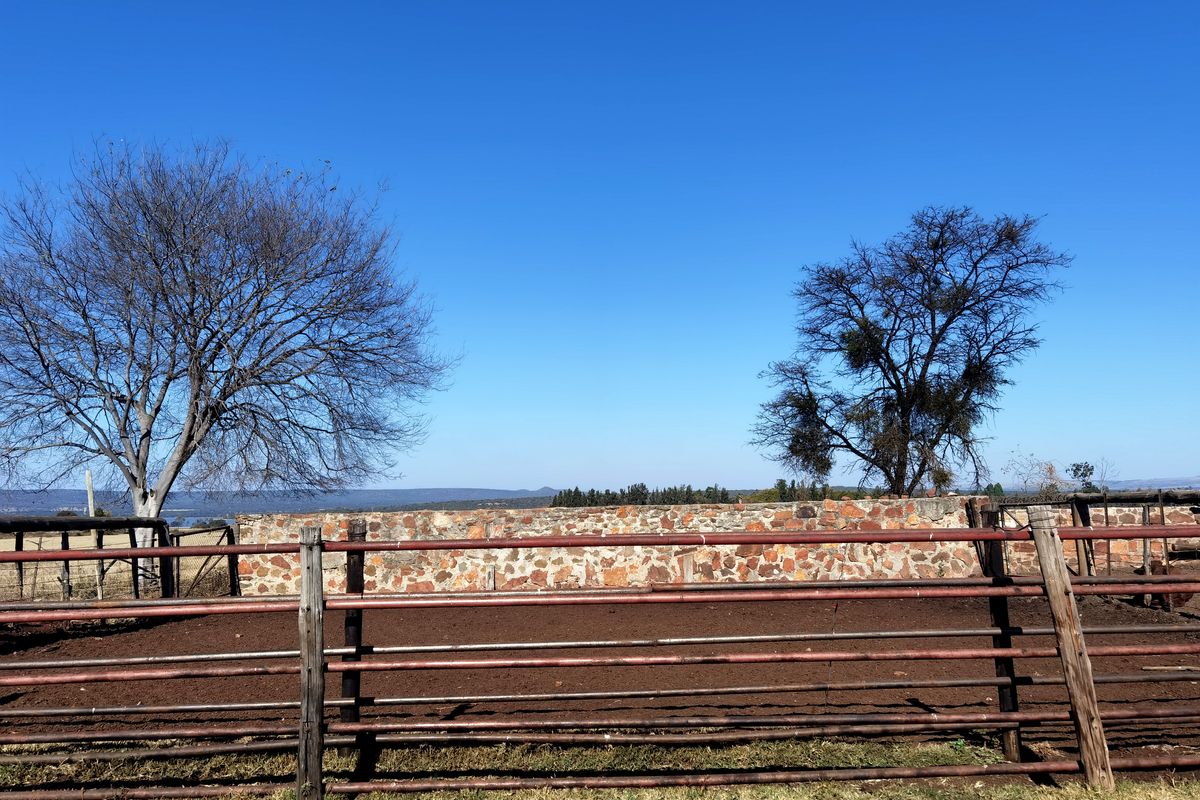 A rural farm yard featuring a stone boundary wall and sturdy metal livestock fencing set against a clear sky.