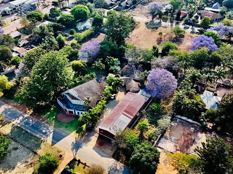 Aerial view of the commercial property site, showcasing the building layout, surrounding grounds, mature trees, and access roads within the neighborhood.